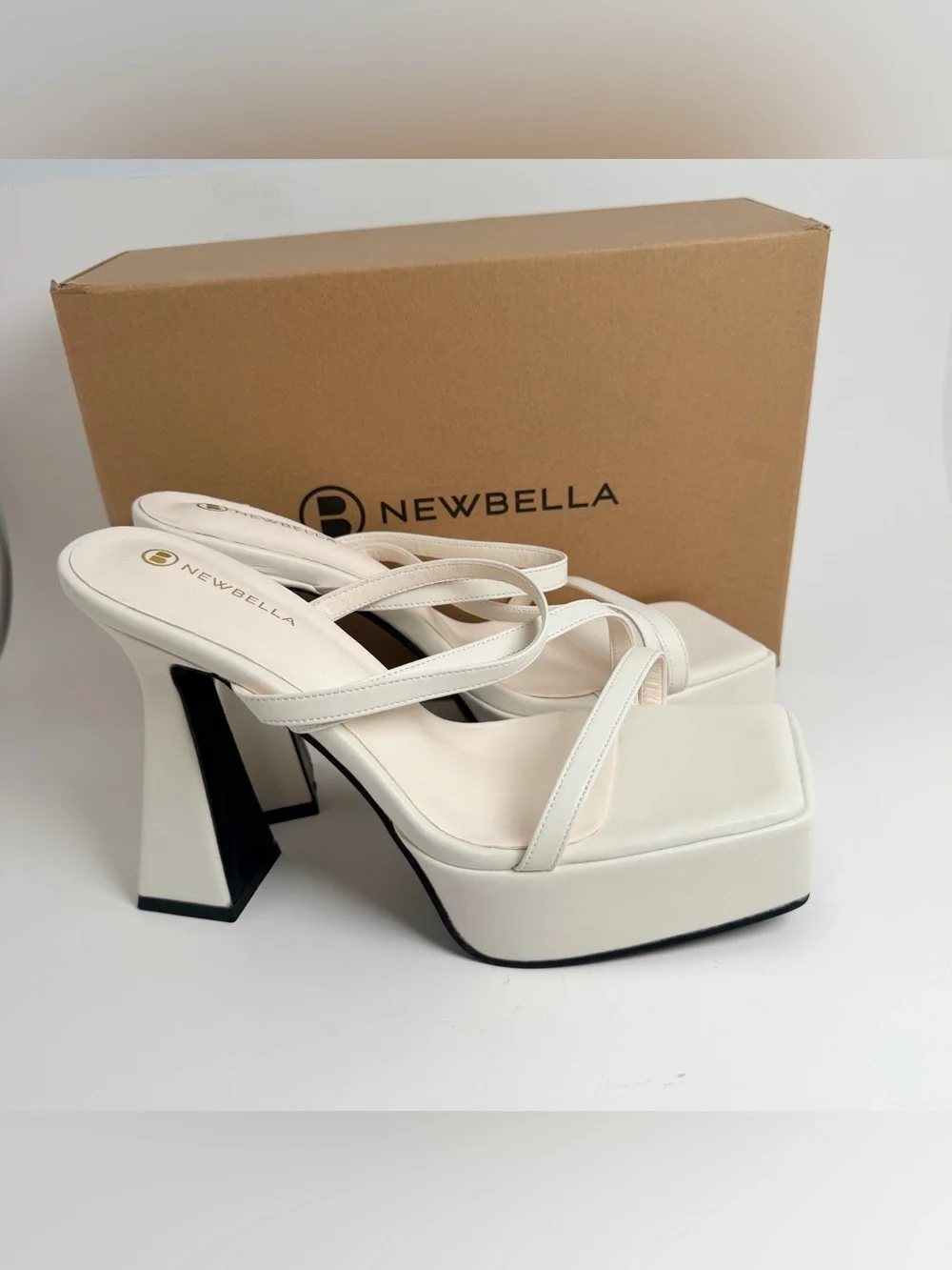 NEWBELLA Cream Strappy Platform Heels with Sculpted Flared Heel
